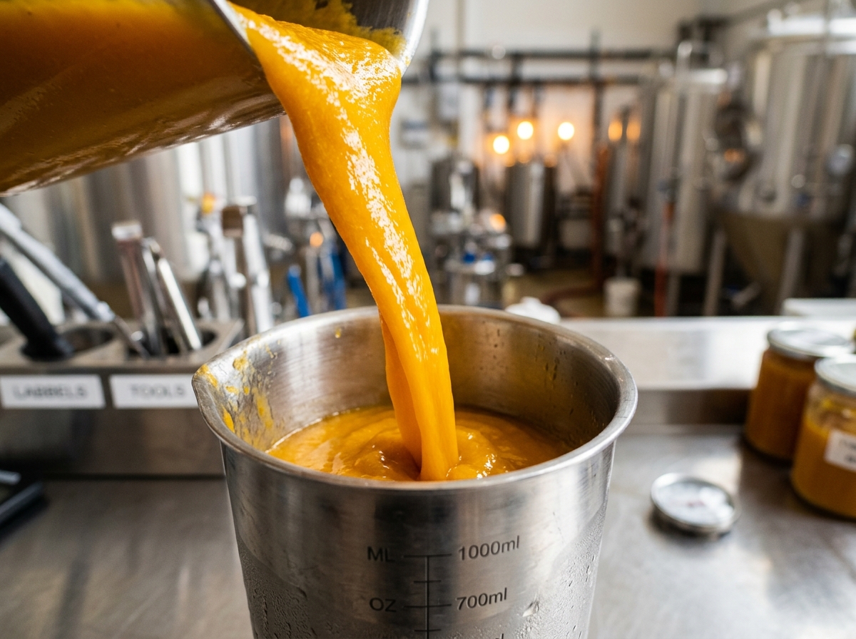 Rich golden Alphonso mango puree pouring into stainless brewing vessel showing viscosity